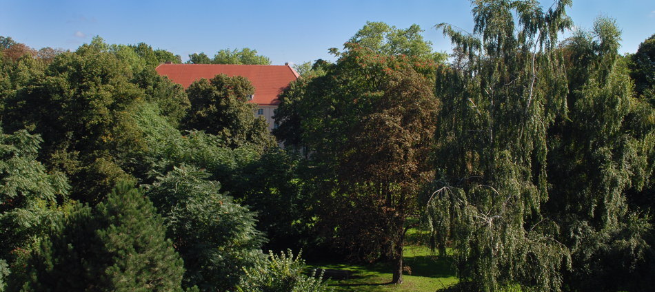 Blick vom 2. OG des ehemaligen Appartementhauses für Gäste der Regierung der DDR in den Blick vom ehemaligen Appartementhaus für Gäste der Regierung der DDR in den Schlosspark und auf das Schloss Schönhausen im Berliner Bezirk Pankow.