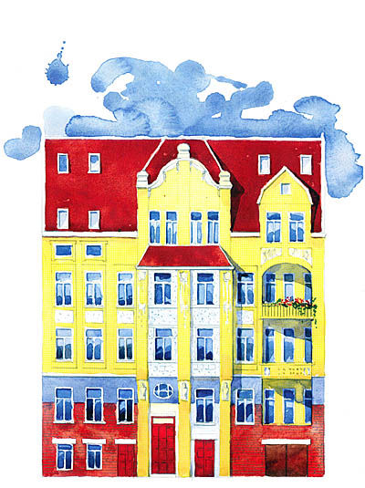 Das Aquarell vermittelt einen guten Eindruck von der prächtige Jugendstilfassade des "Pretiosa" nach der Restaurierung. Wobei die Farbgebung, die in in enger Abstimmung mit der Denkmalschutzbehörde erfolgt, wohl ein bißchen weniger intensiv sein wird. Quelle: ISI