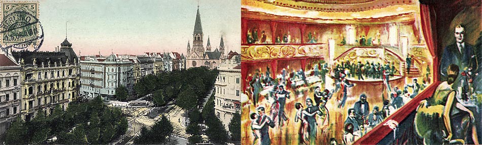 Noblesse und pure Lust im neuen Westen: Elegante Bürgerhäuser flankieren 1906 den Kurfürstendamm am heutigen Kranzlereck (links). Ausgiebig "schwofen" konnten Mann und Frau im üppig dekorierten Ballhaus "Femina" ein paar Straßen weiter (rechts). Abbildungen: Archiv Wohnmal.info