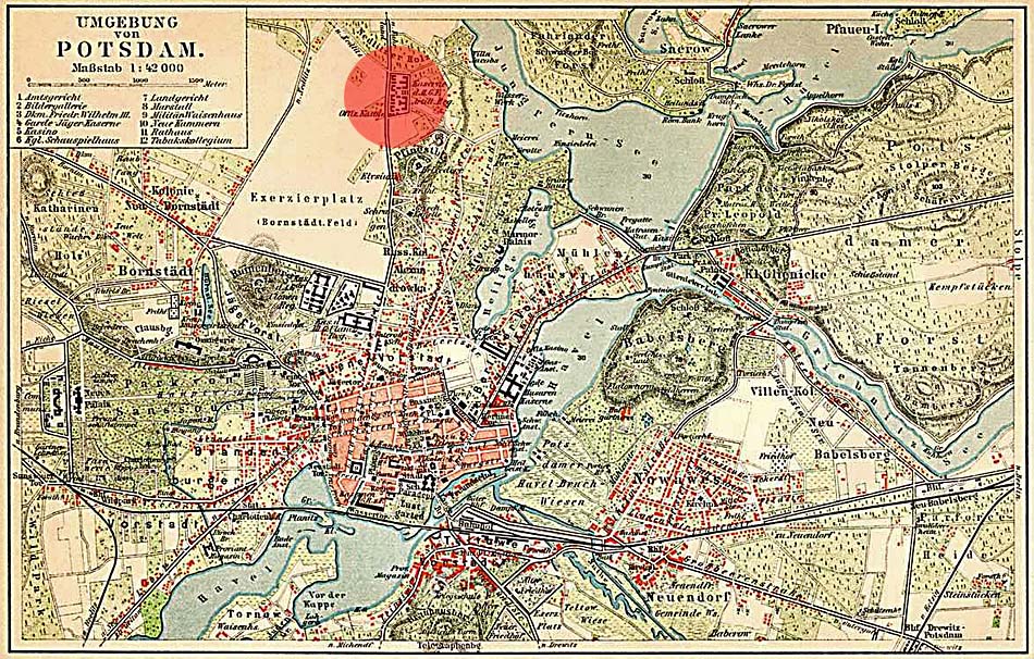 Stadtplan von Potsdam um 1900 - Der rote Kreis markiert die Lage der „Roten Kaserne“. in Nedlitz. Quelle: Wikipedia