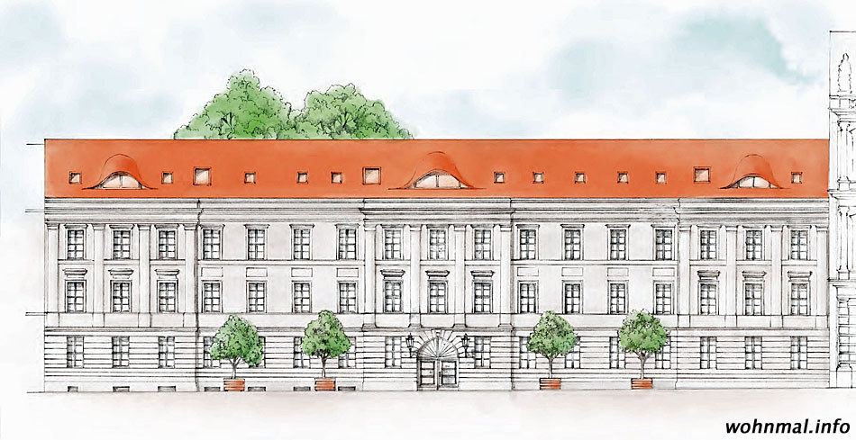 Die Darstellung der Straßenfassade des Gontard-Palais nach der Sanierung zeigt die derzeit nur schwer zu erfassende Fassade in ihrer ganzen Pracht. Deutlich zeichnen sich Mittel- und Seitenrisalite sowie die strukturierenden Pilaster ab. Die drei Fledermausgauben werden im Zuge der Bauarbeiten wieder errichtet. Visualisierung: Terraplan